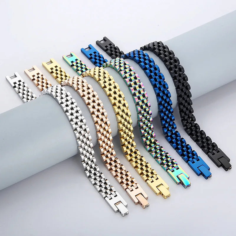 Wholesale Stainless Steel Men Bracelet Chunky Watch Strap Bracelet 18K Gold Plated Watchband Chain Bracelet