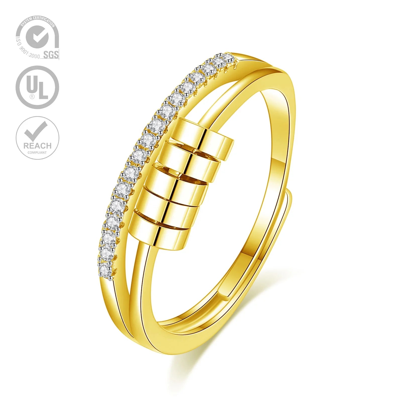 Spinner Beads Anti Anxiety Ring Gold Plated Adjustable Size Stress Relief Fidget Jewelry for Women