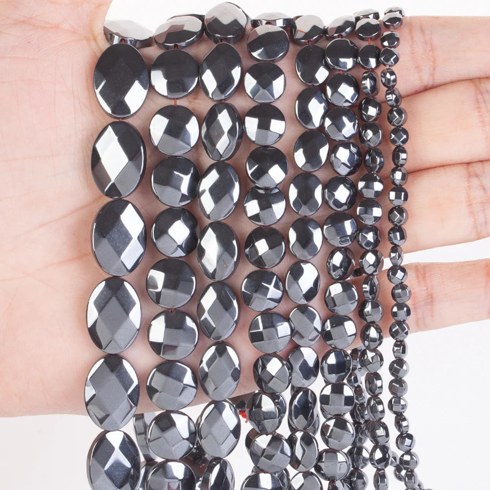 AsVrai U Natural AA+ Black Hematite Stone Faceted Ellipse Round Loose Spacer Beads for Jewelry Making Bracelet Handmade 15''