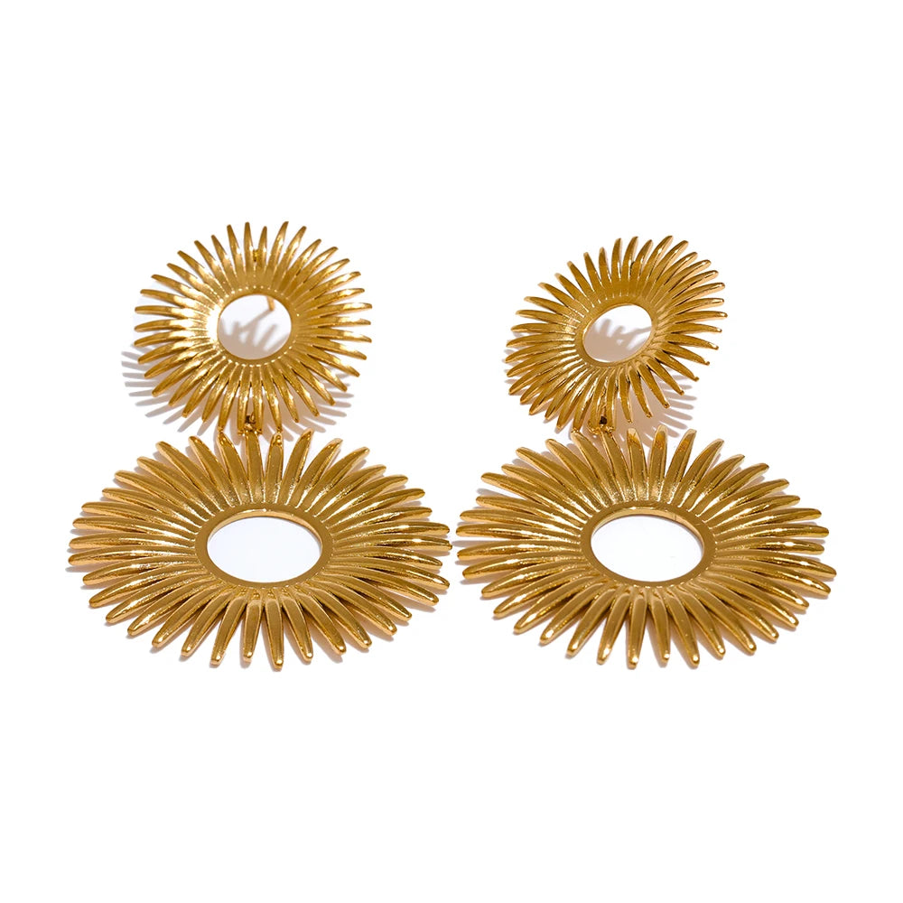 JINYOU 3483 Statement Stainless Steel Sun Flower Drop Waterproof Earrings Rust Proof Metal Gold Fashion Personality Jewelry