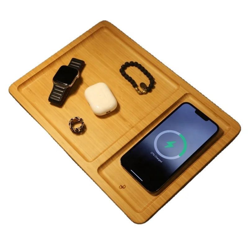 Bamboo Lacquer Wireless Charging QC Certified Minimalist Valet Tray Single Tier Jewelry Kitchen Garage Storage Desk Nightstan