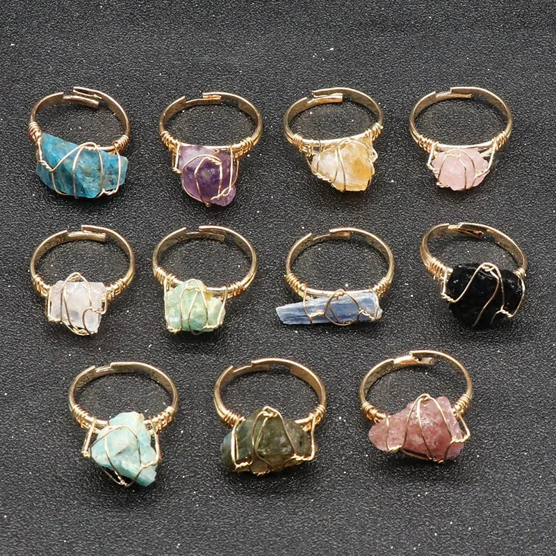 Natural Irregular Crystal Rough Stone Adjustable With Wire Wrap Design Open Ring for Women Jewelry Natural Gem Ring