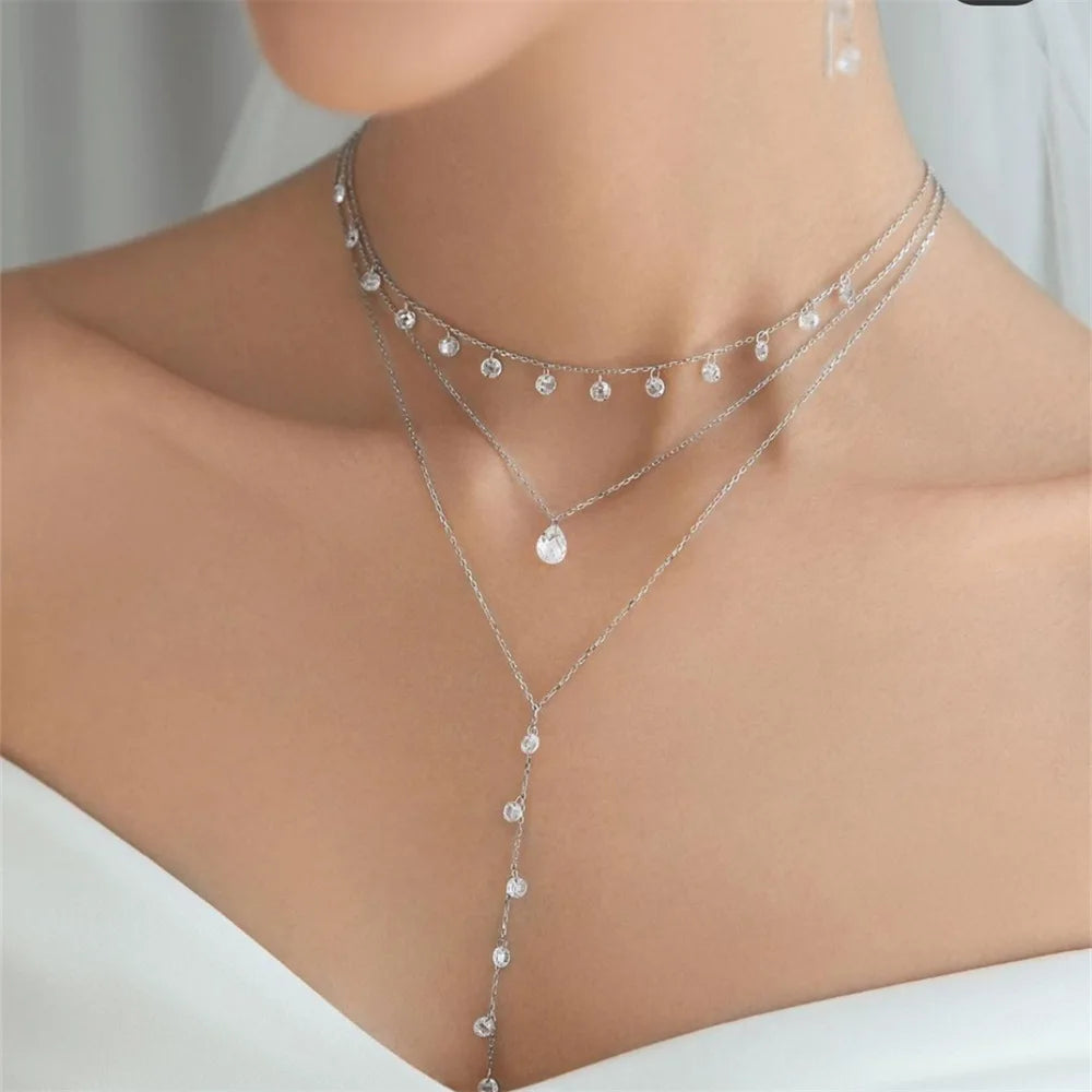 Daidan Bling Necklace Women Fine Jewelry Sparkle 925 Silver Rhodium Plated White Round Cubic Zirconia Dainty Choker Necklace