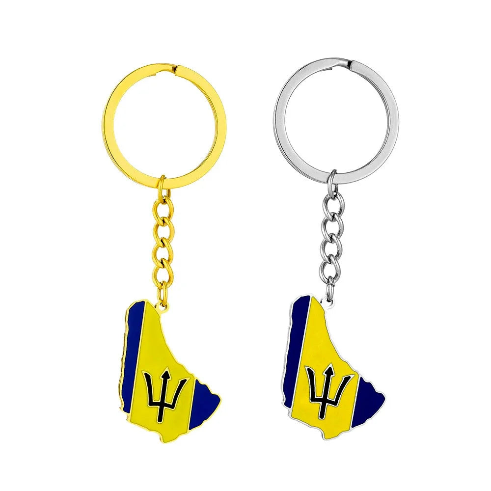 Factory Enameled Barbados Flag Map Keyring Stainless Steel 18K Gold Plated Enamel Caribbean Sea Barbadian Map Pendant Key Cha
