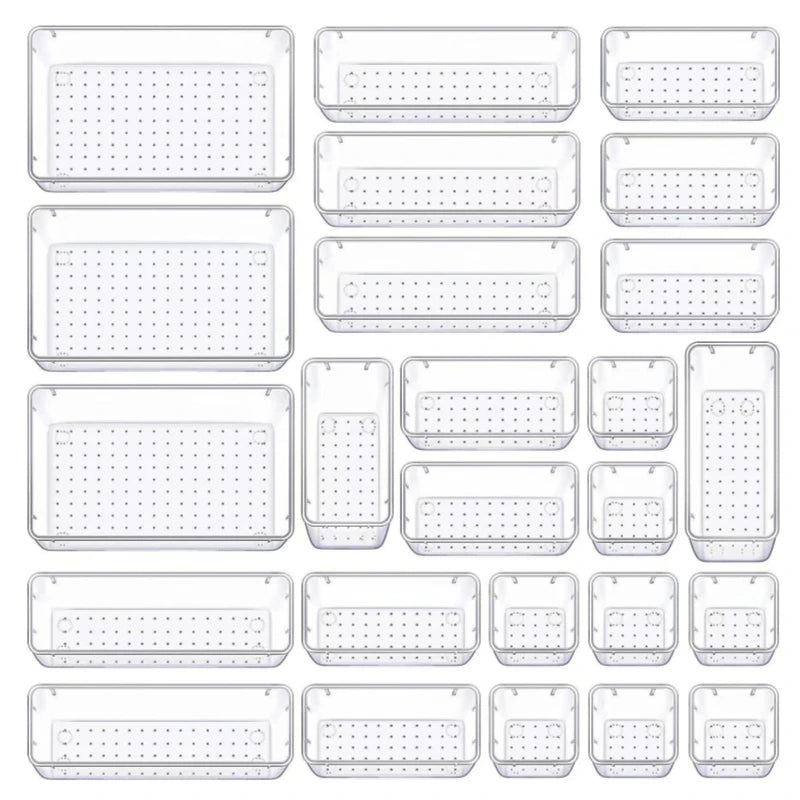 Multifunctional 25 Piece Clear Organizer Set - Portable Drawer Organizer for Jewelry Cosmetics and Office Supplies