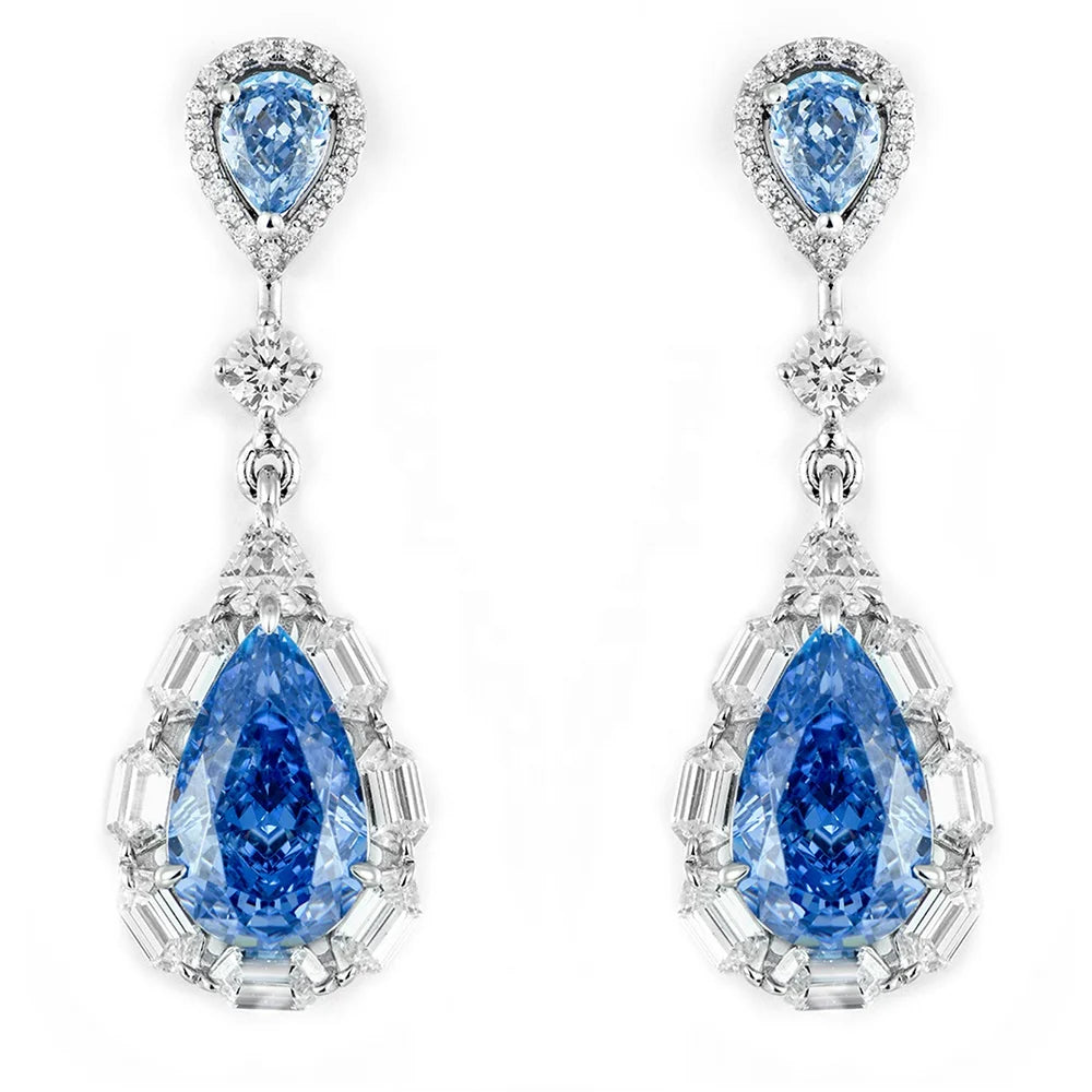 High-Quality Pear-Shaped Ice-Cut Colorful Sapphire Synthetic Zircon Earrings 925 Silver-White Synthetic Zircon Women'S Earrin
