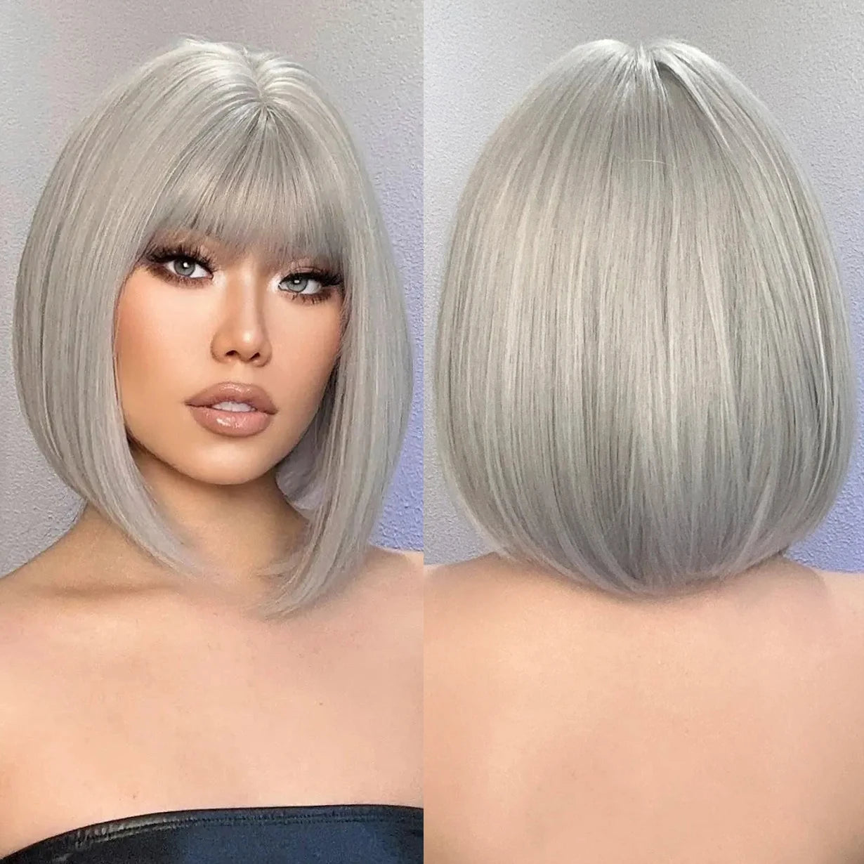 Short Grey Galaxy Straight Bob Hair Wigs With Bangs Heat Resistant Synthetic Wigs for Women Christmas Cosplay Wigs