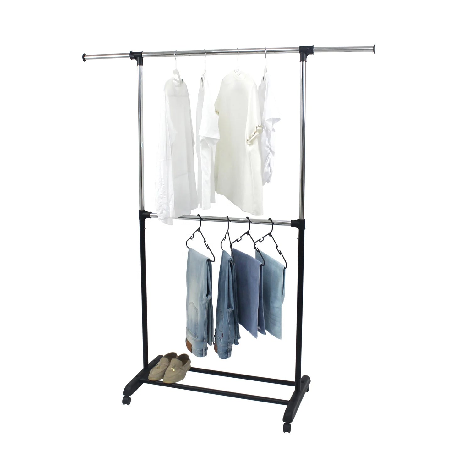 Adjustable Height Extensible Stainless Steel Organizer  Rod Portable Clothing Hanging Garment Rack with Commodity Shelf