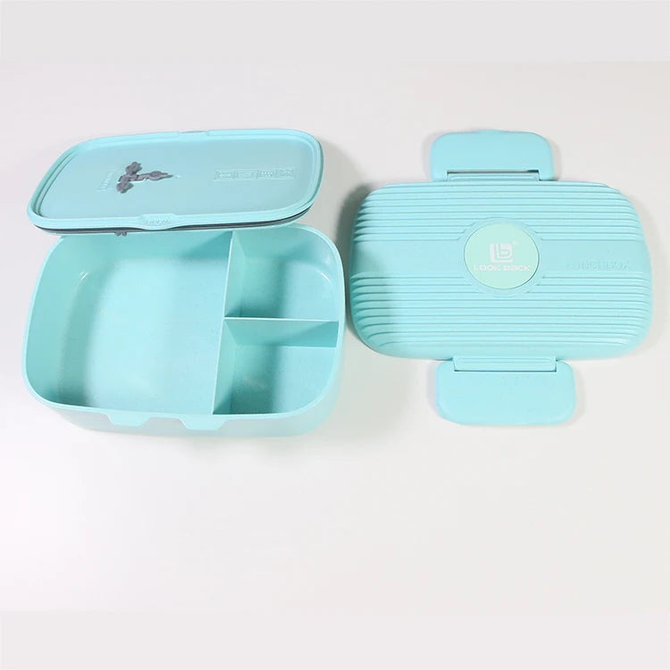 Custom Logo 3-Compartment Airtight Plastic Lunch Box Bento Picnic Food Container One-Layer Wheat Straw Lunchbox for Kids