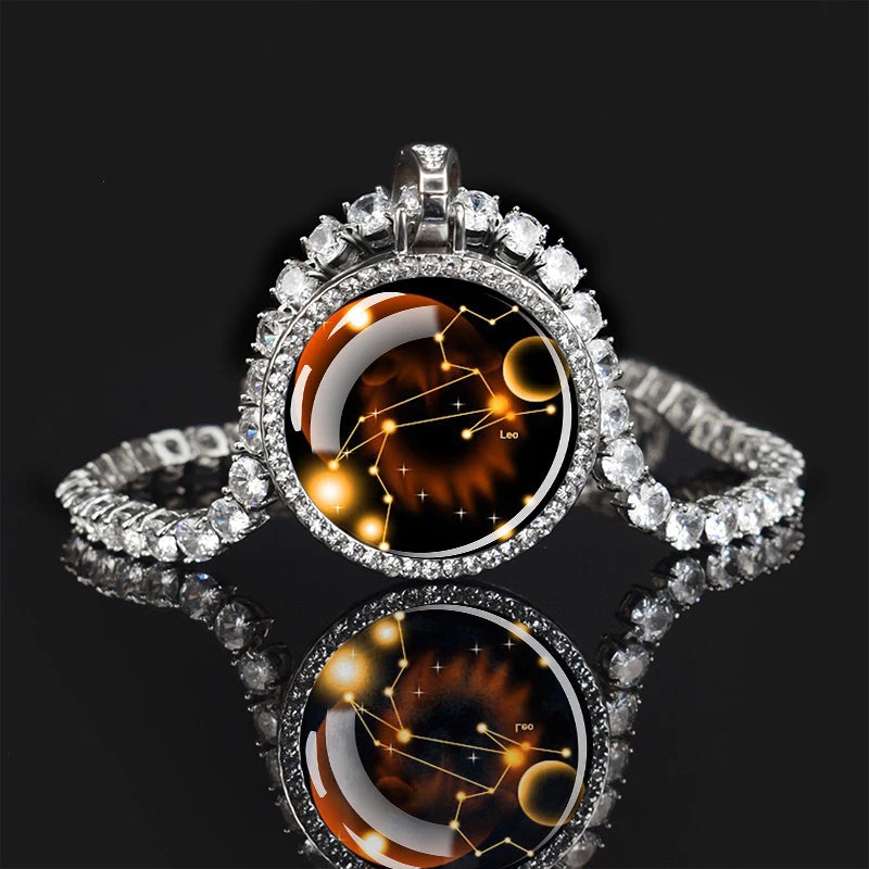 Hot Selling Silver Plated Zodiac Sign Round Crystal Pendant Rhinestones Diamond Tennis Hiphop Necklace for Men and Women