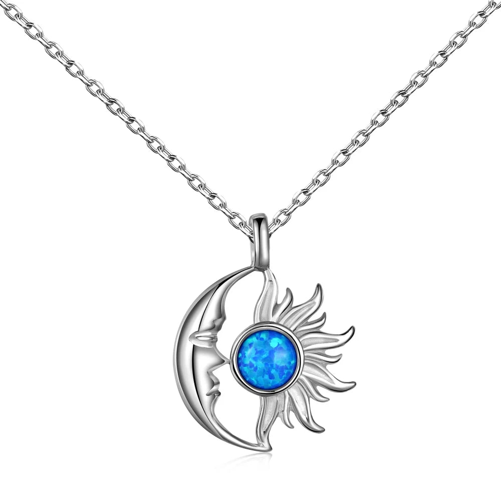 Dylam Charm Mysterious Design Women Sterling Silver Link Chain Gemstone Synthetic Opal Crescent Sun & Moon Pendant Necklaces