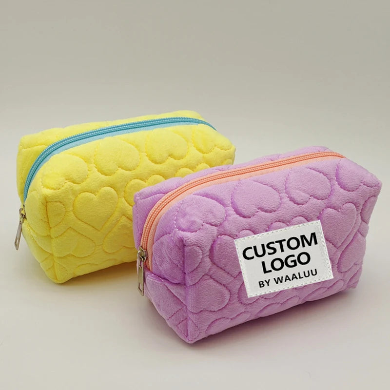 WAALUU Custom Handmade Quilted Fabric Travel Cosmetic Organizer Toiletry Bag Velvet Zipper Pouch Cute Heart Makeup Bag