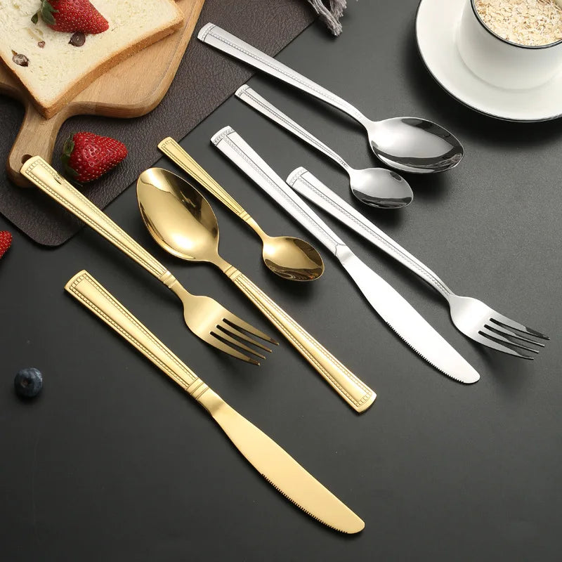 Stainless Steel Tableware Knife Spoon Fork Embossed Gold Plated Tea Spoon Western Restaurant Hotel Steak Tableware Set