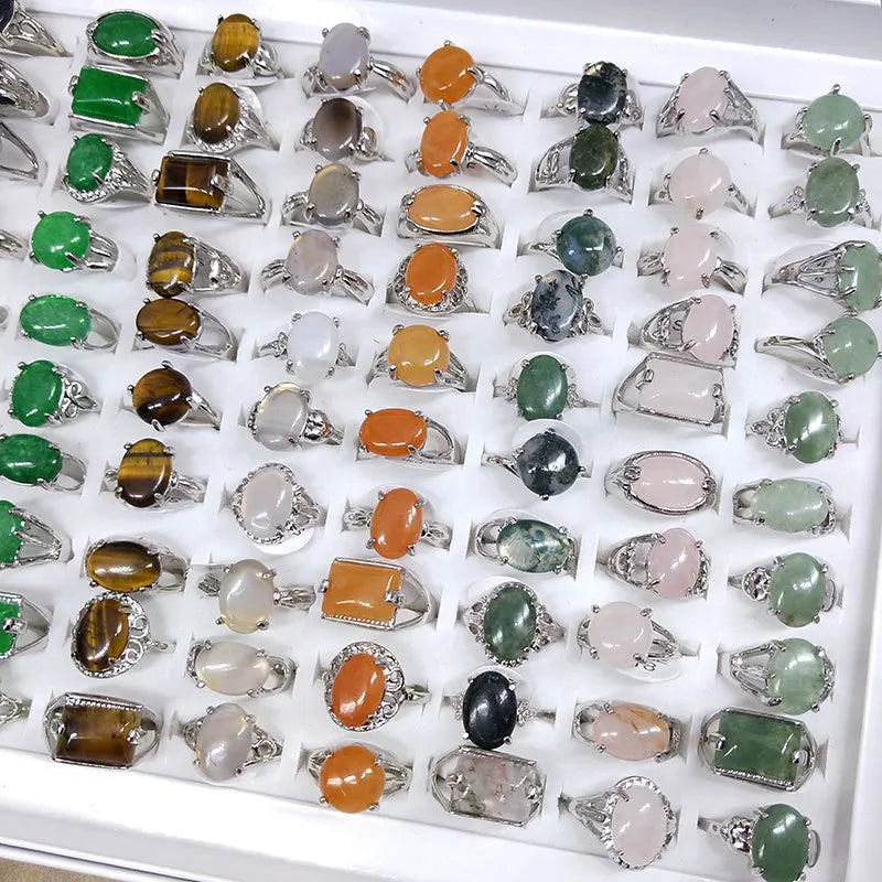 Wholesale Fashion Jewelry Multi Style Red Agate Green King Stone Rings Natural Stone Amber Tiger Eye Finger Rings