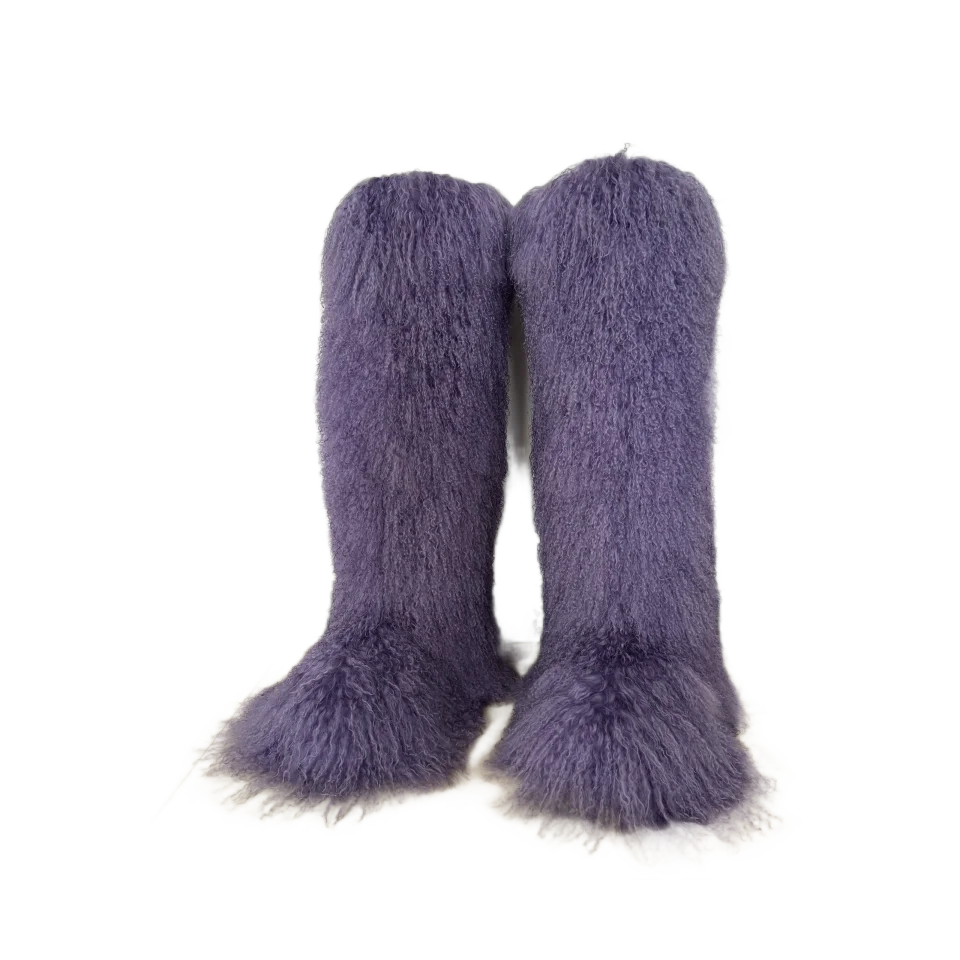Mongolian Women Knee High Boots Furry Colorful Winter Shoes Warm Flat Casual Non-slip Footwear Real Fur Snow Boots
