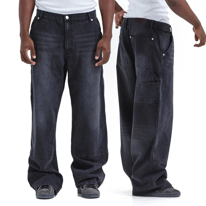 Custom Logo High Waist Acid Wash Work Denim Stack Jean Baggy Cargo Pant Men Double Knee Carpenter Pants Wide Leg Pants Men