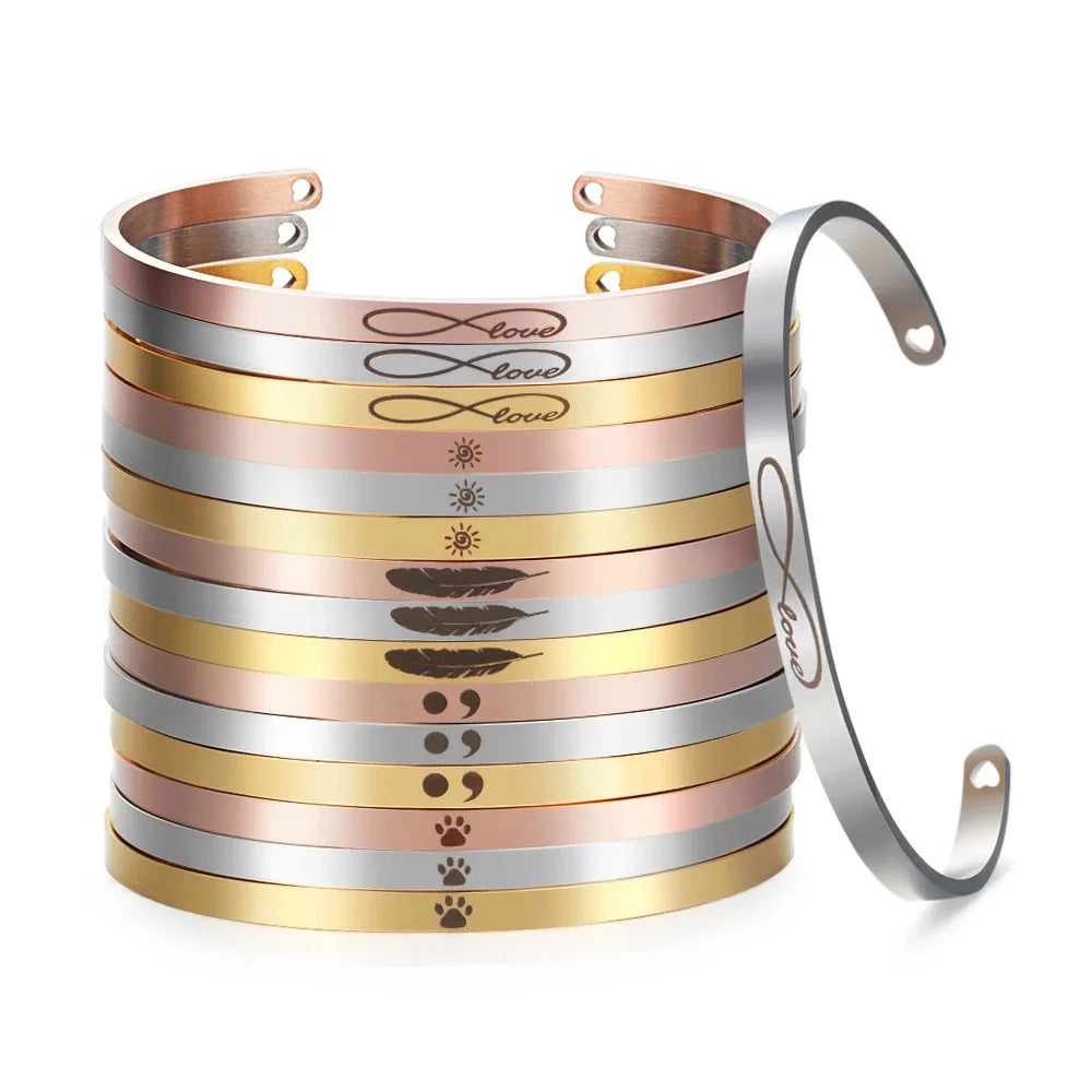 Customized Hollow Heart Both Ends Laserable Engravable Stainless Steel Blank C-shaped Open Glazed Straight Cuff Bracelet