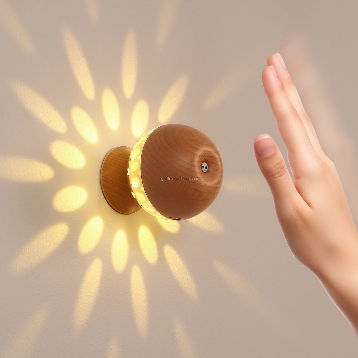 Wooden Ball Motion Sensor Wall Light USB Dimming Rechargeable 1500mAh Pattern Projector Night Light for Bedroom Hallway