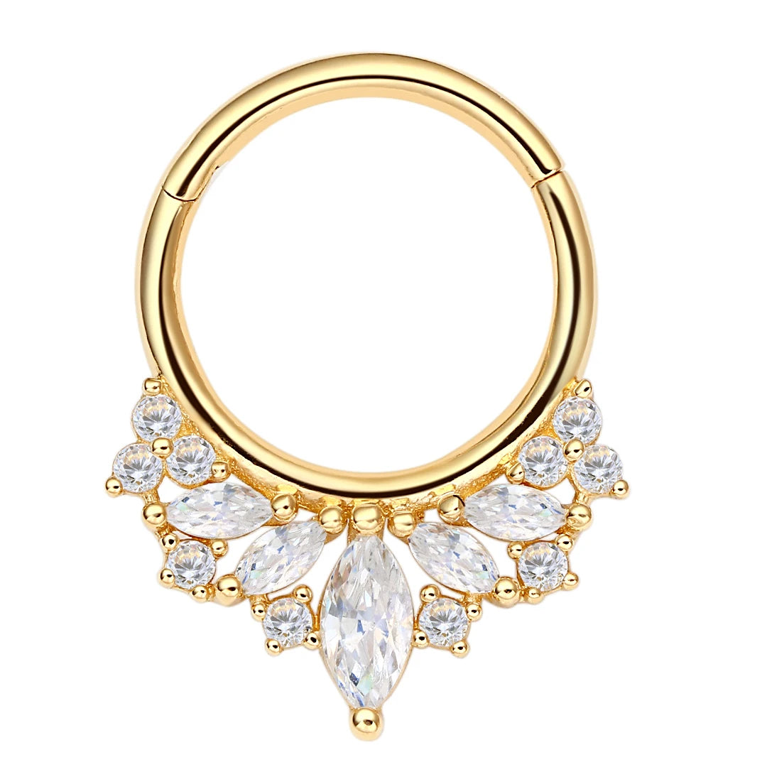 Eternal Metal 14K Solid Gold  Facing 5 Marquise and Round 5A CZ Hinged Segment Hoop Ring Septum Clicker Daith Piercing Jewelr