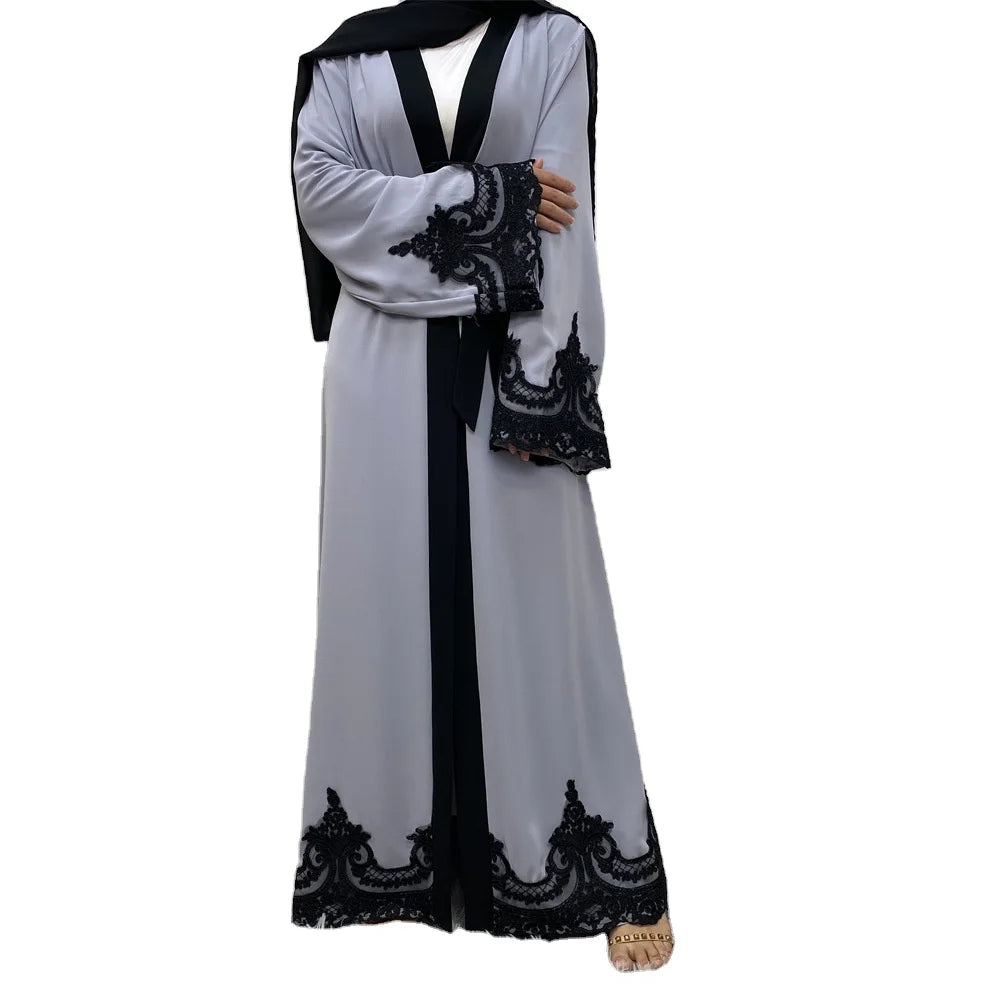 American Europe Muslim Women Modest Clothing Lace Border Tan Gray Color Fabric Abaya With Lace Sleeve