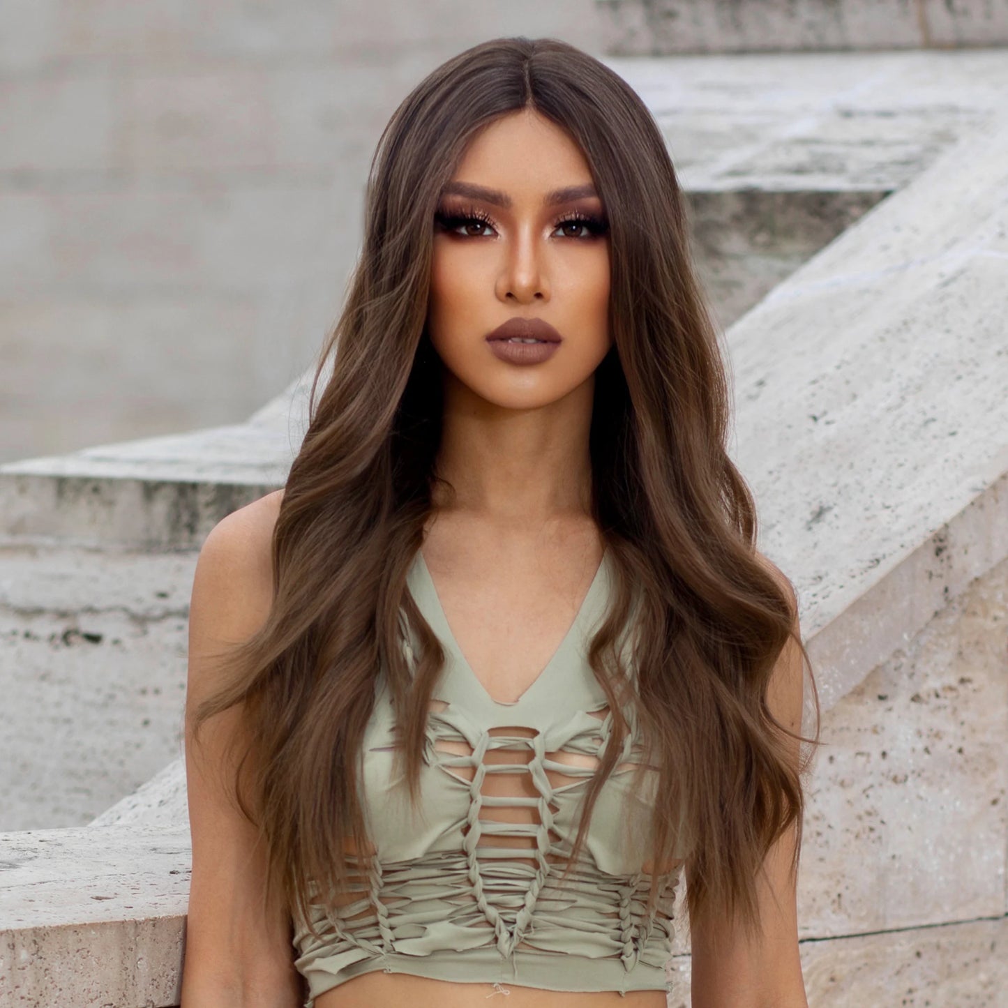 Japan Fiber Brown Ombre Lace Synthetic Hair Wigs Long Body Wave Transparent Lace Wig Natural 13x1 T-Part Closure Wig