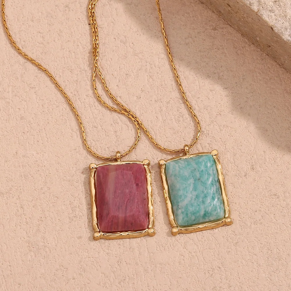 Dreamshow Square Gemstone Pendant Necklace Natural Stone Jewelry Gold Plated Stainless Steel Necklace for Women