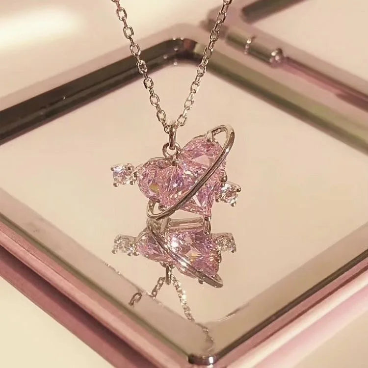 AA016598 Fashion Jewelry Pink Planet Heart Zircon Necklace Women Charm Clavicle Chain Necklace Gift Party