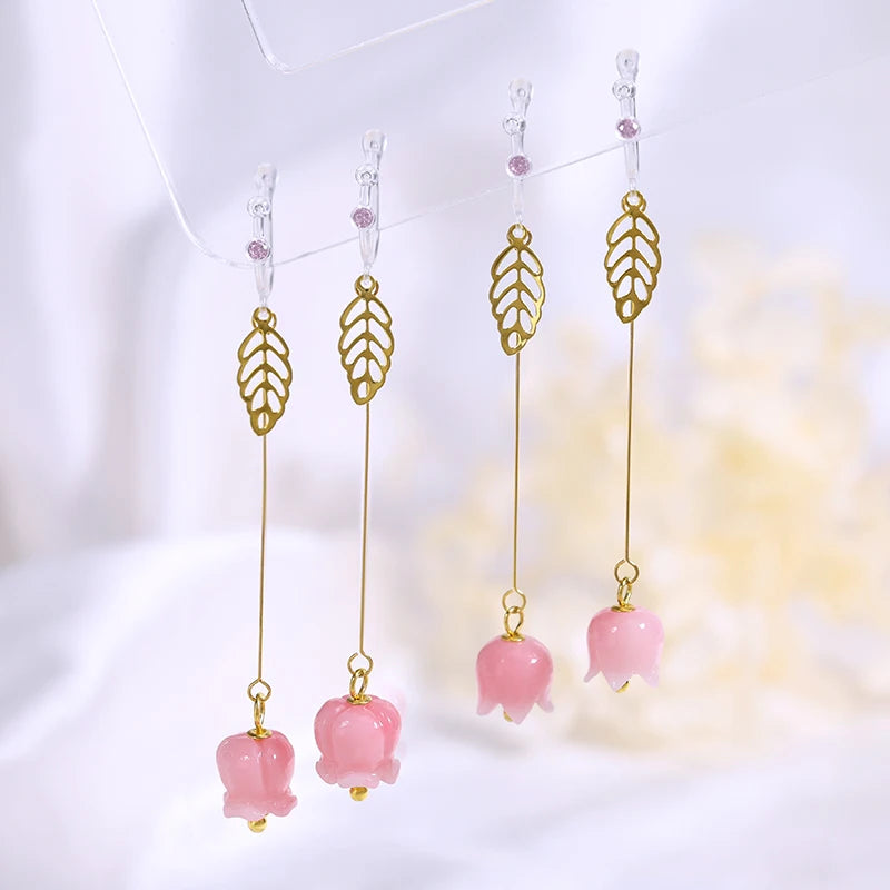 Exquisite Luxury Versatile Long Temperament Drop Earrings New High-End Glass Flower Lily of Valley Jewelry Fashionable Access