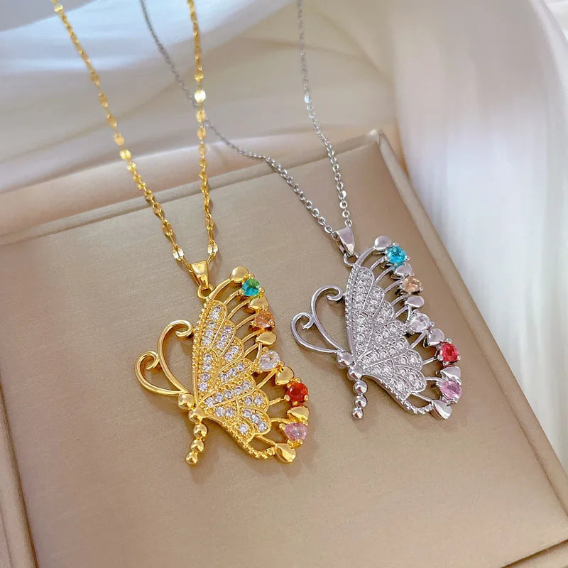 Wholesale Colorful Crystal Diamond Butterfly Pendant Necklace Titanium Steel Chain  Big Gold Butterfly Choker Necklace