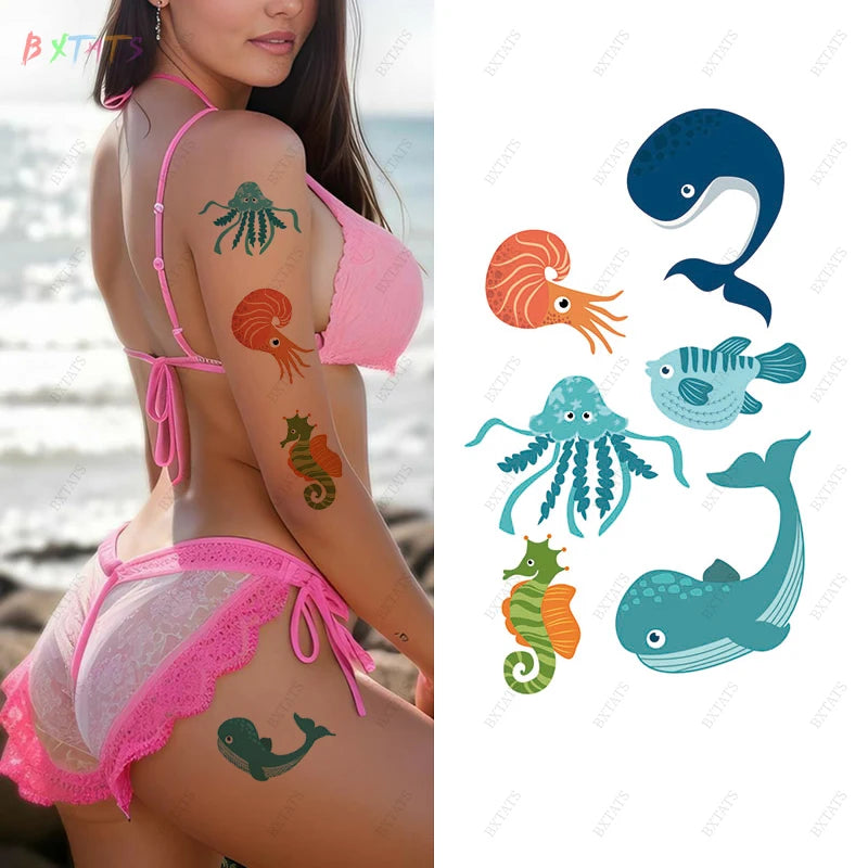 Wholesale Stock  Oceanic Temporary Tattoos Whales Shells Seaweed Tattoo Waterproof and Sweatproof Little Clear Series for Kid