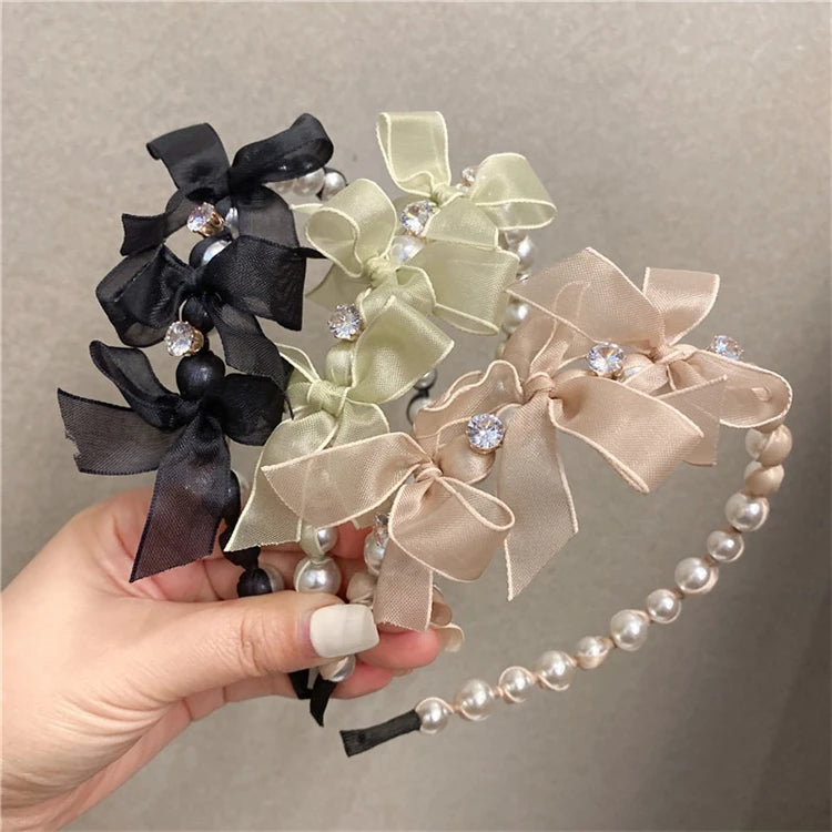 Wedding Bride Hair Accessory Fairy Gauze Bowknot Headdress Shiny Women Thin Edge Rhinestone Pearl Headband
