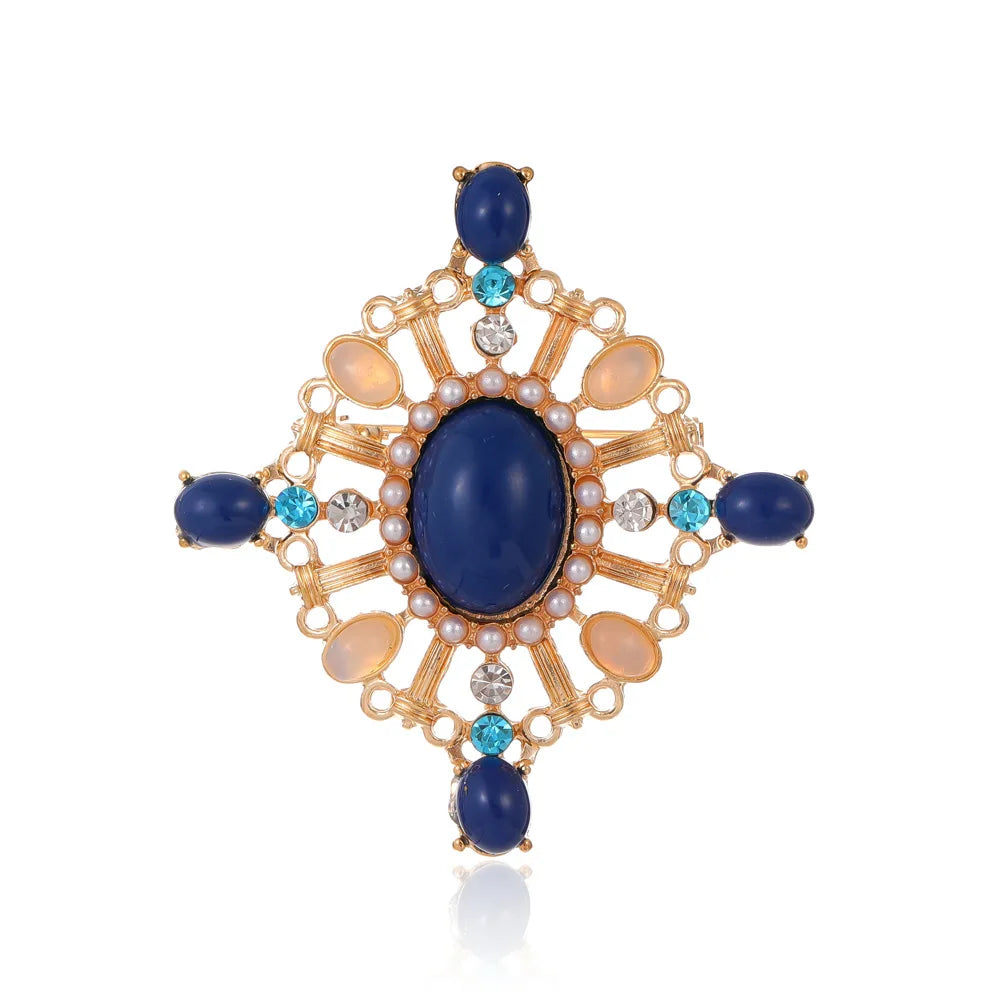 DRAL1109 Cross Inlaid Rhinestone Brooch Baroque Style Hollowed Out Imitation Lapis Lazuli Brooch Palace Retro Pearl Brooch