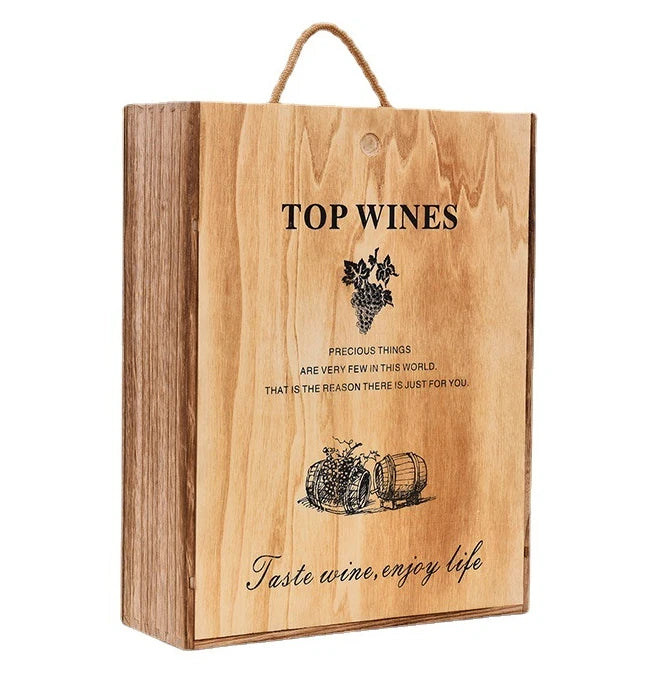 Handmade Paulownia Wood Rectangular Retro Style Engraved Wine Box for Home Decoration