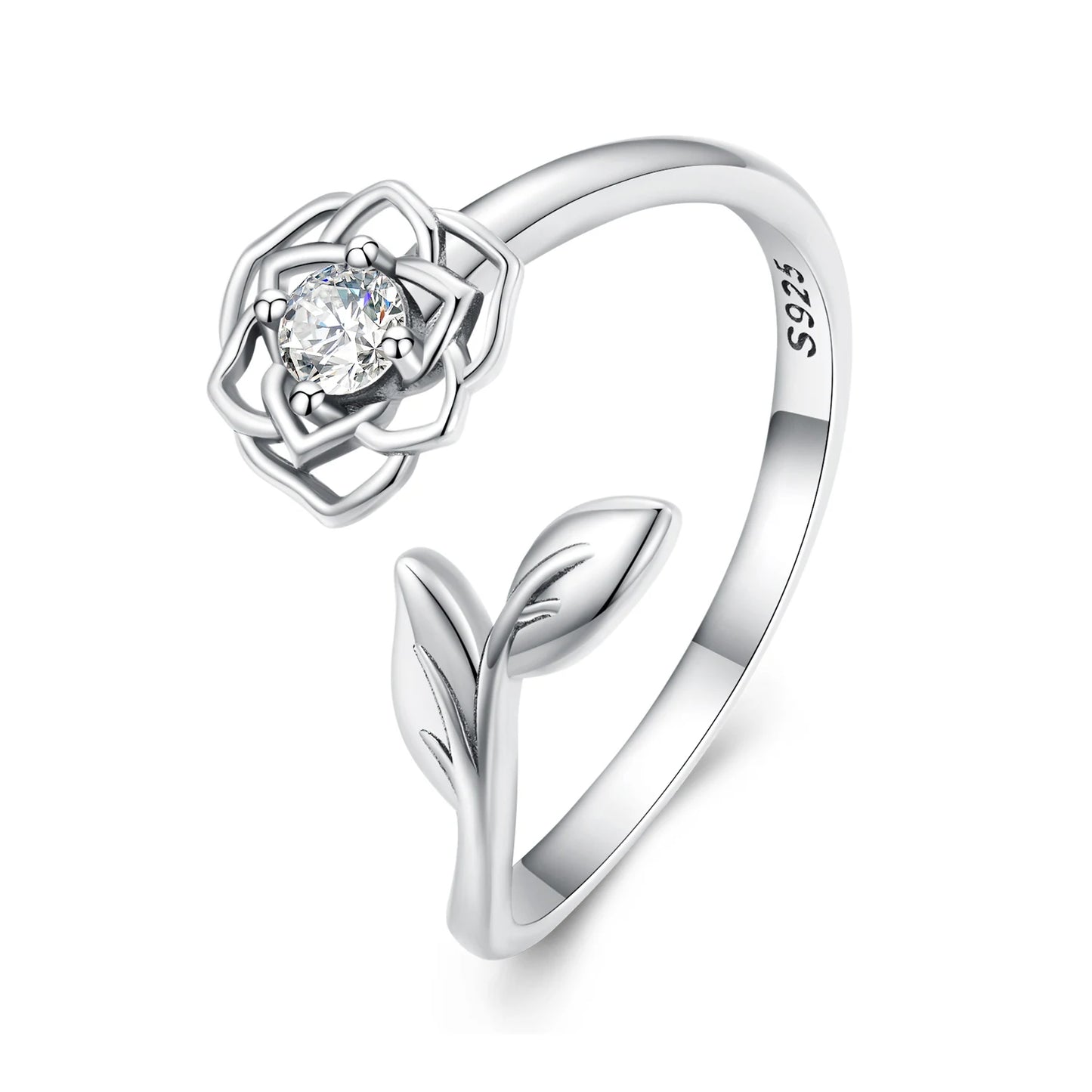 925 Sterling Silver Camellia Flower Open Rings for Women AAA Clear Zircon Adjustable Ring Wedding Engagement Jewelry Gift BSR