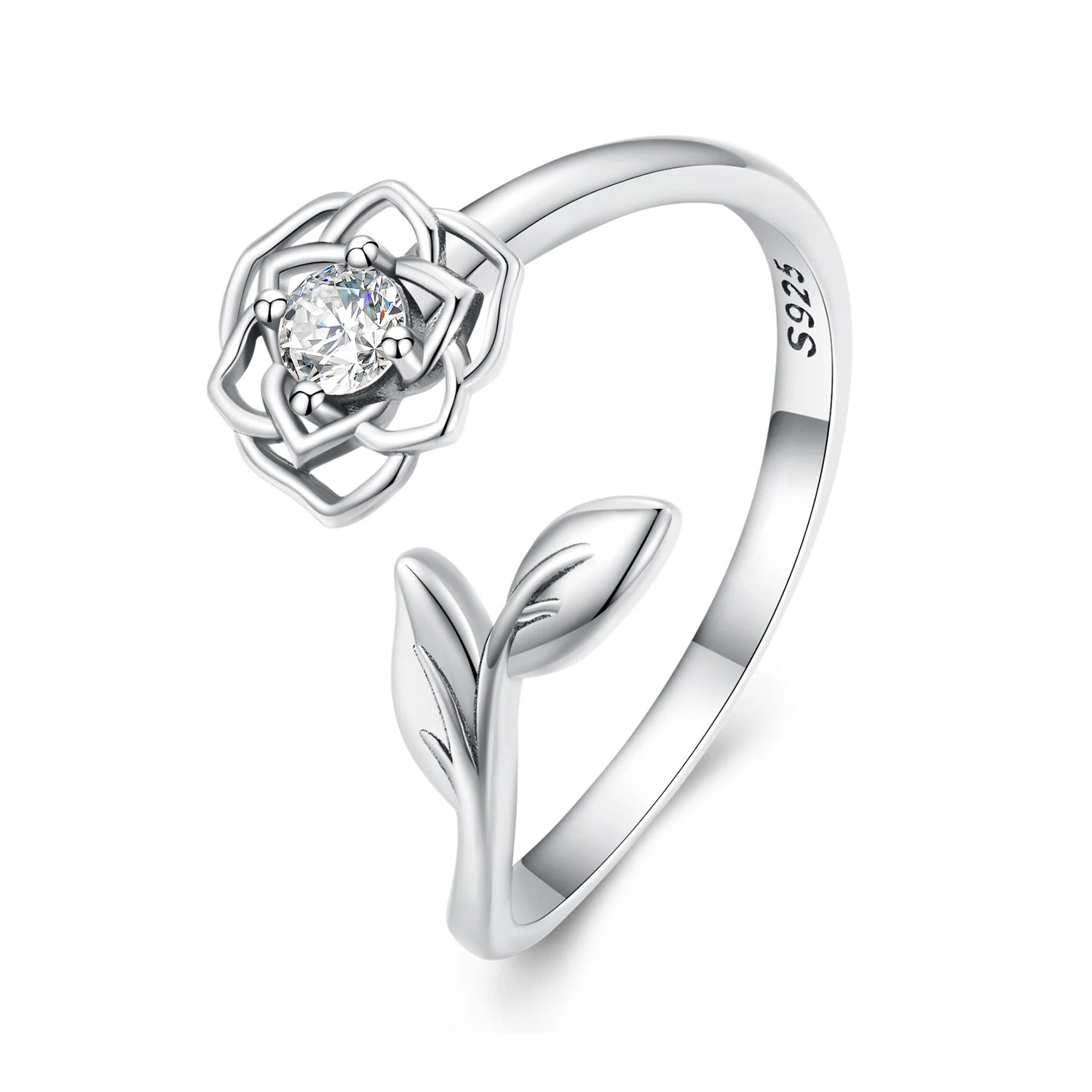 925 Sterling Silver Camellia Flower Open Rings for Women AAA Clear Zircon Adjustable Ring Wedding Engagement Jewelry Gift BSR