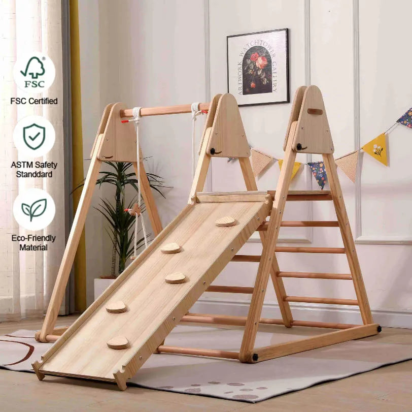 Wooden Indoor Playground Gym for Toddlers and Kids 4-in-1 Multi-functional Play Set Swing