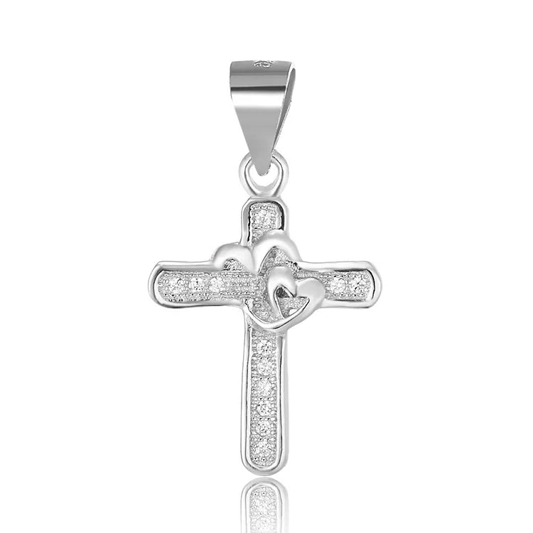 Small Exquisite Cross Heart Pendant Sterling Silver White Round Zirconia Cross Statement Wedding Cocktail Party Necklace Pend