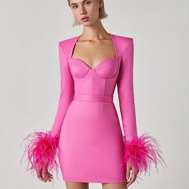 Factory Direct Square Neck Mini Dress Ladies Feather Bandage Dresses for Women