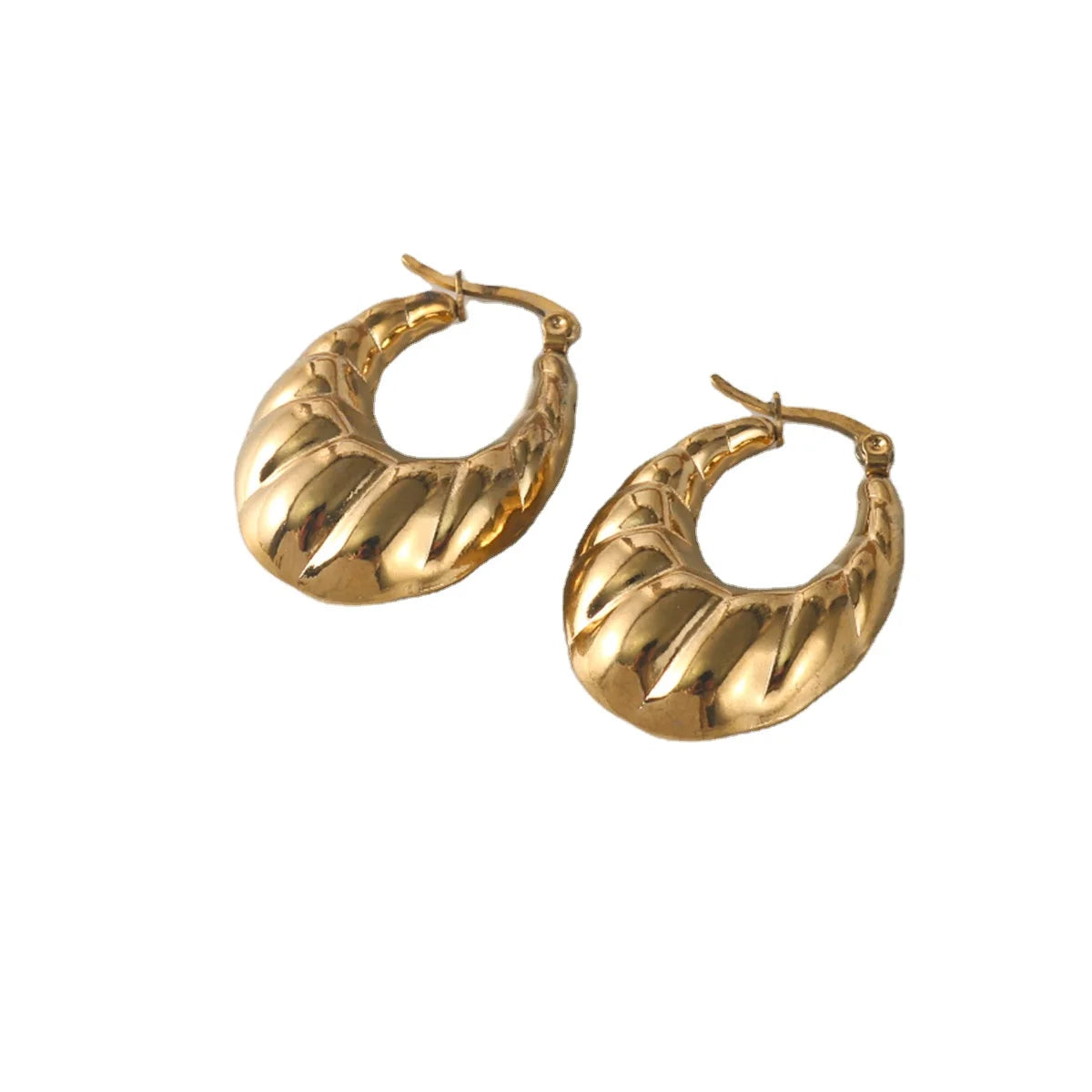 Custom Vintage Orthodox Stainless Steel Hollow Croissant Scalloped Oval Hoop Earrings 18K Gold Plated