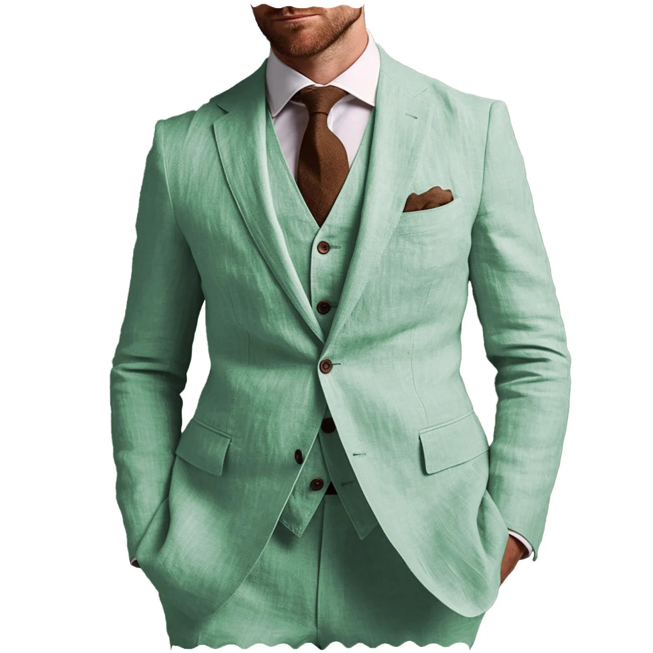 Summer Mint Green Linen Men's Suits Regular Fit 3 Pieces Beach Wedding Man Tuxedos Wear Formal Notch Lapel Jacket Vest Pants