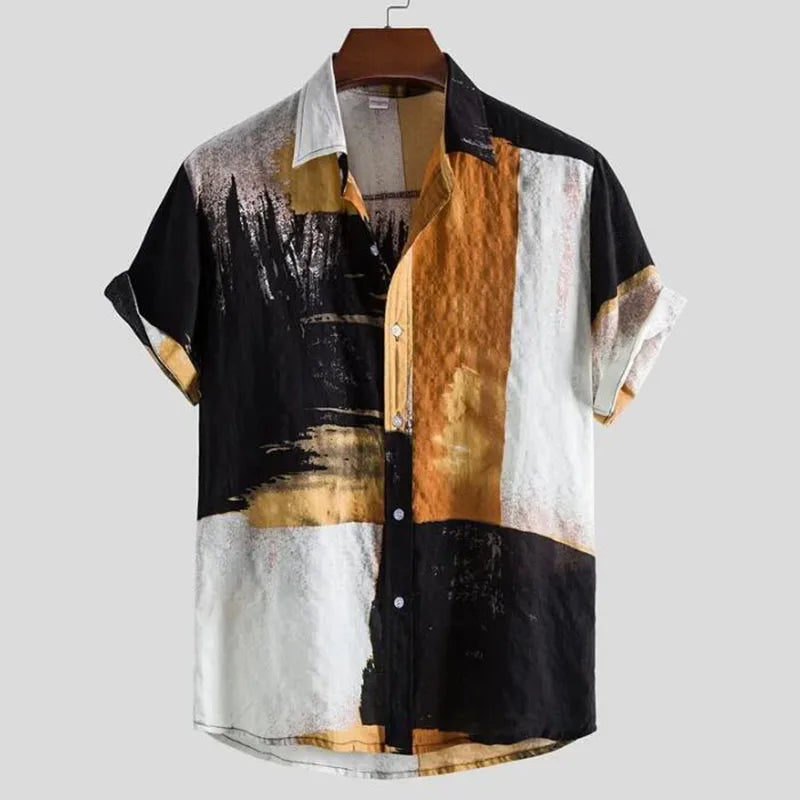 RNSHANGER Summer Men's Short Sleeved Hawaiian Shirt Single Row Button Down Loose Casual Ethnic Party Style