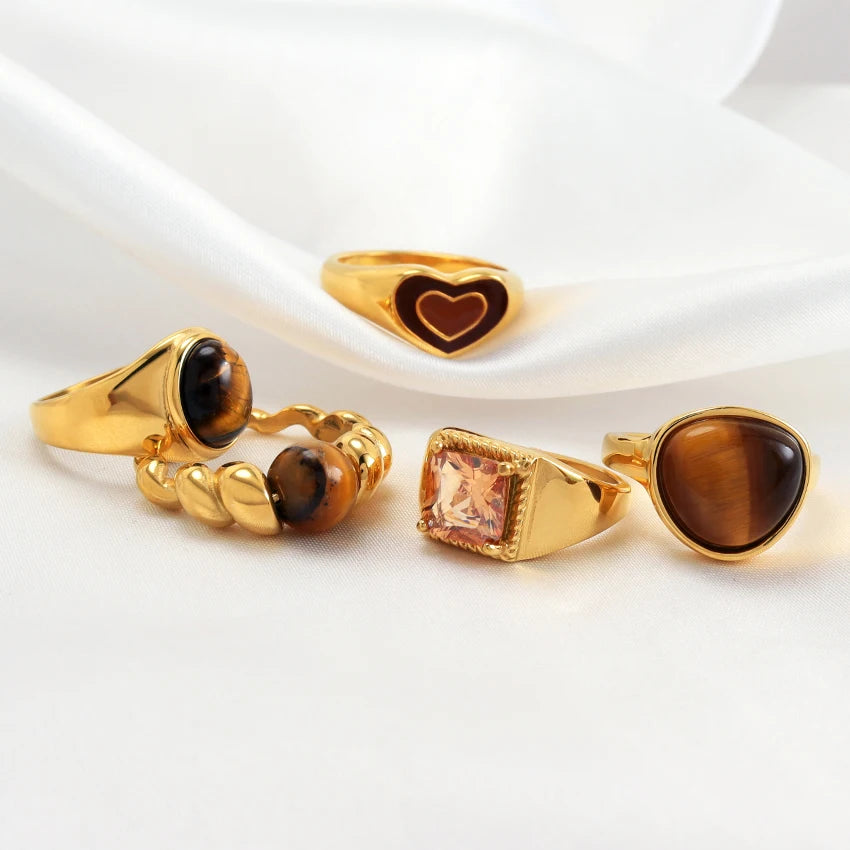 Vintage Amber Leopard Chunky Dome Ring Sets Waterproof Jewelry Enamel Heart Ring Stainless Steel Cubic Zircon Brown Stone Rin