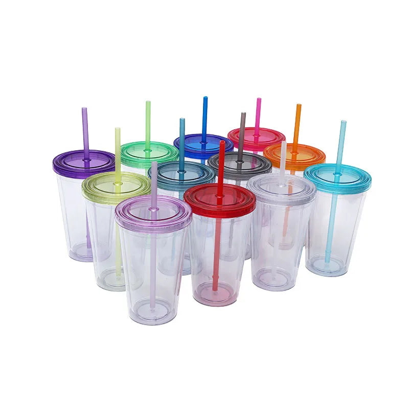 STARLII Custom Logo 16 Oz Clear Plastic Double Wall Tumbler Cups With Lid and Straw