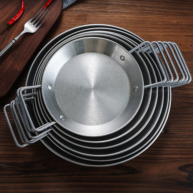 Retro 304 Stainless Steel Flat Pans Seafood Pot with 2 Ear French Fries Trays Kitchen Barbecue Amphora Snack Sauce Plate