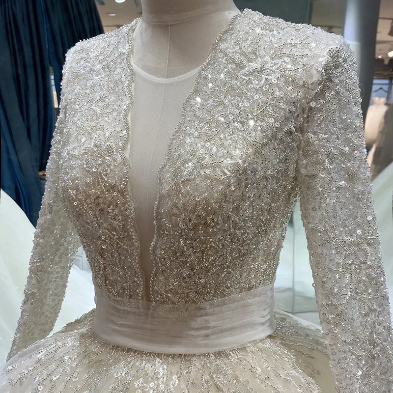 AL1273 2022 Ball Gown Wedding Dress Cheap Long Sleeve Light Beaded Sequins Crystal French Bride Style Starry Trail Ruffles Lo