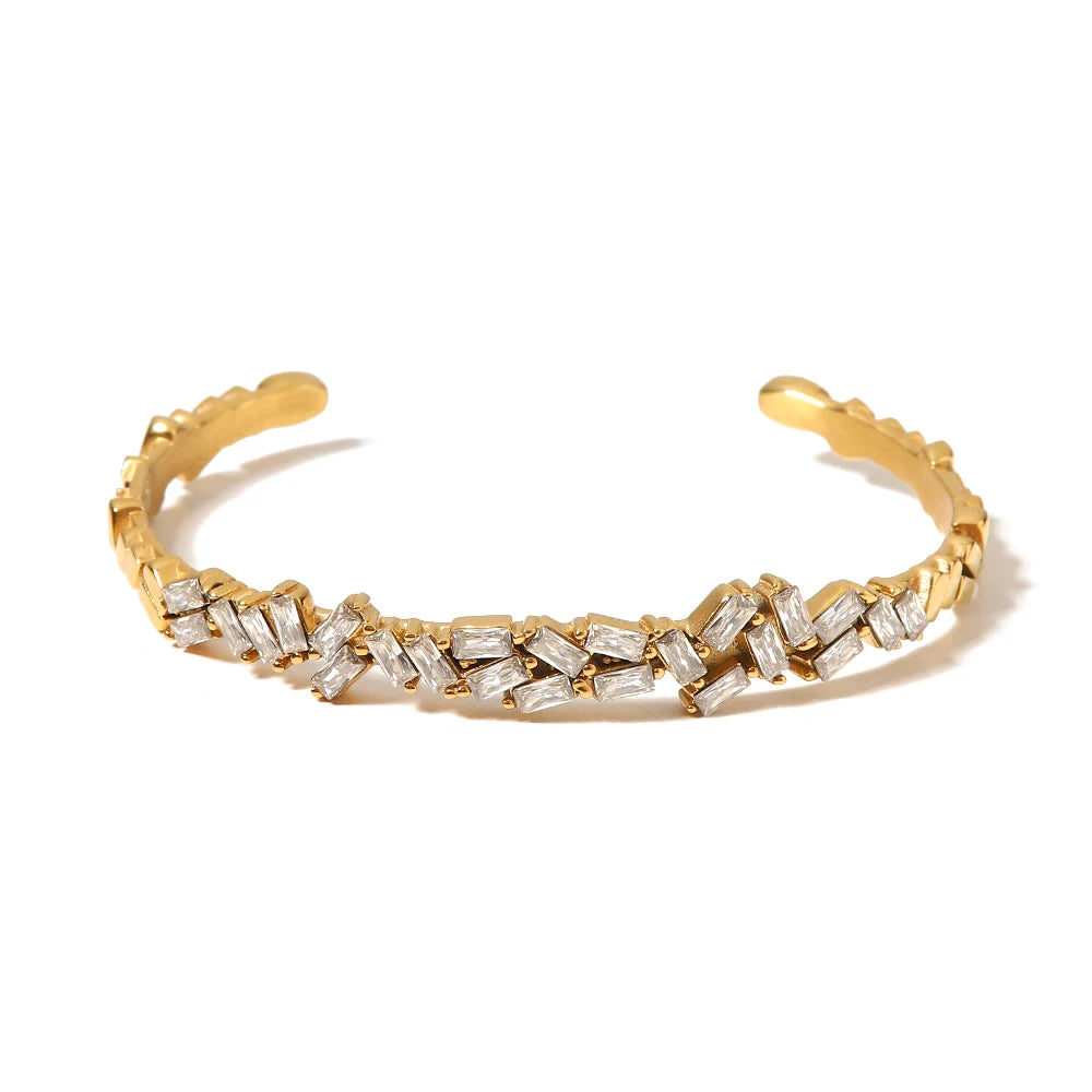 New Trendy 18k Gold Plated Stainless Steel Jewelry Party Gift Opening White Cubic Zirconia Bangles