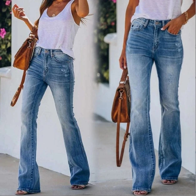 2024 Europe and America Popular High Waisted Elastic Micro Flare Jeans Pants for Women