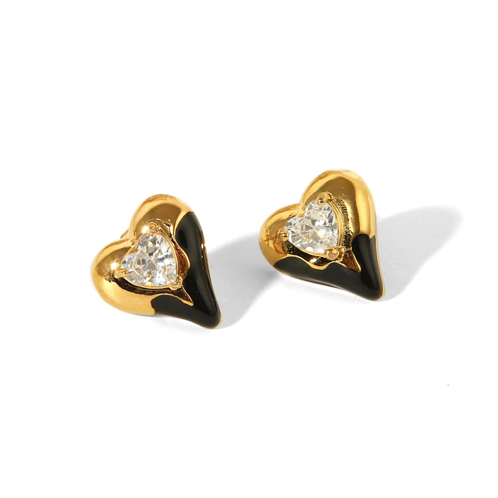 2024 New Arrival Stainless Steel 18K Black Enamel Love Heart Crystal Cubic Zircon Stud Earrings  Bijoux En Acier Inoxydable