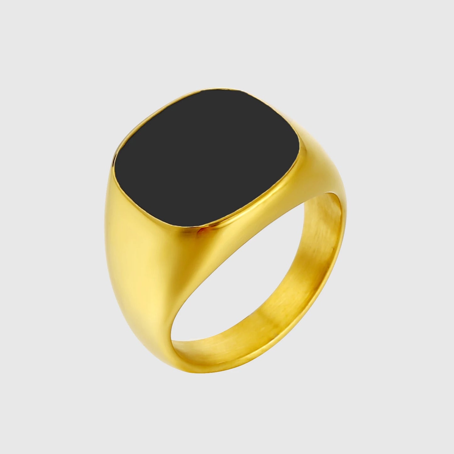 HipHop Black Stone Rings 18K Gold Stainless Steel Jewelry Fashion Waterproof Black Enamel Round Signet Ring for Men