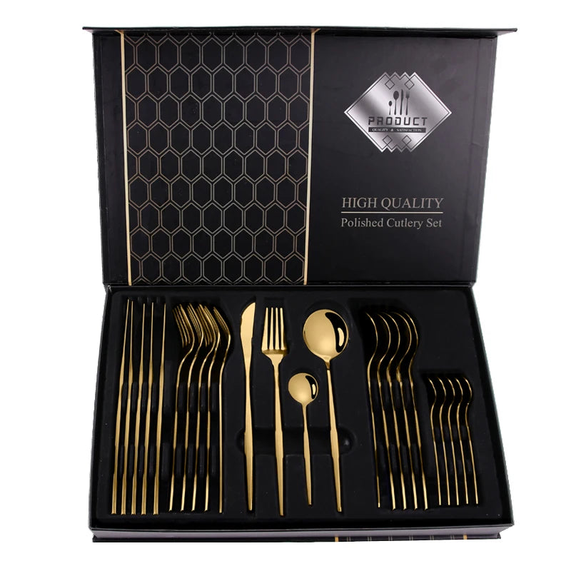 LEHAO Luxury 24pcs Silverware Dining Cutlery Set High Quality Gold Plated Mirror Portuguese Eco-Friendly Wedding Spoon Flatwa